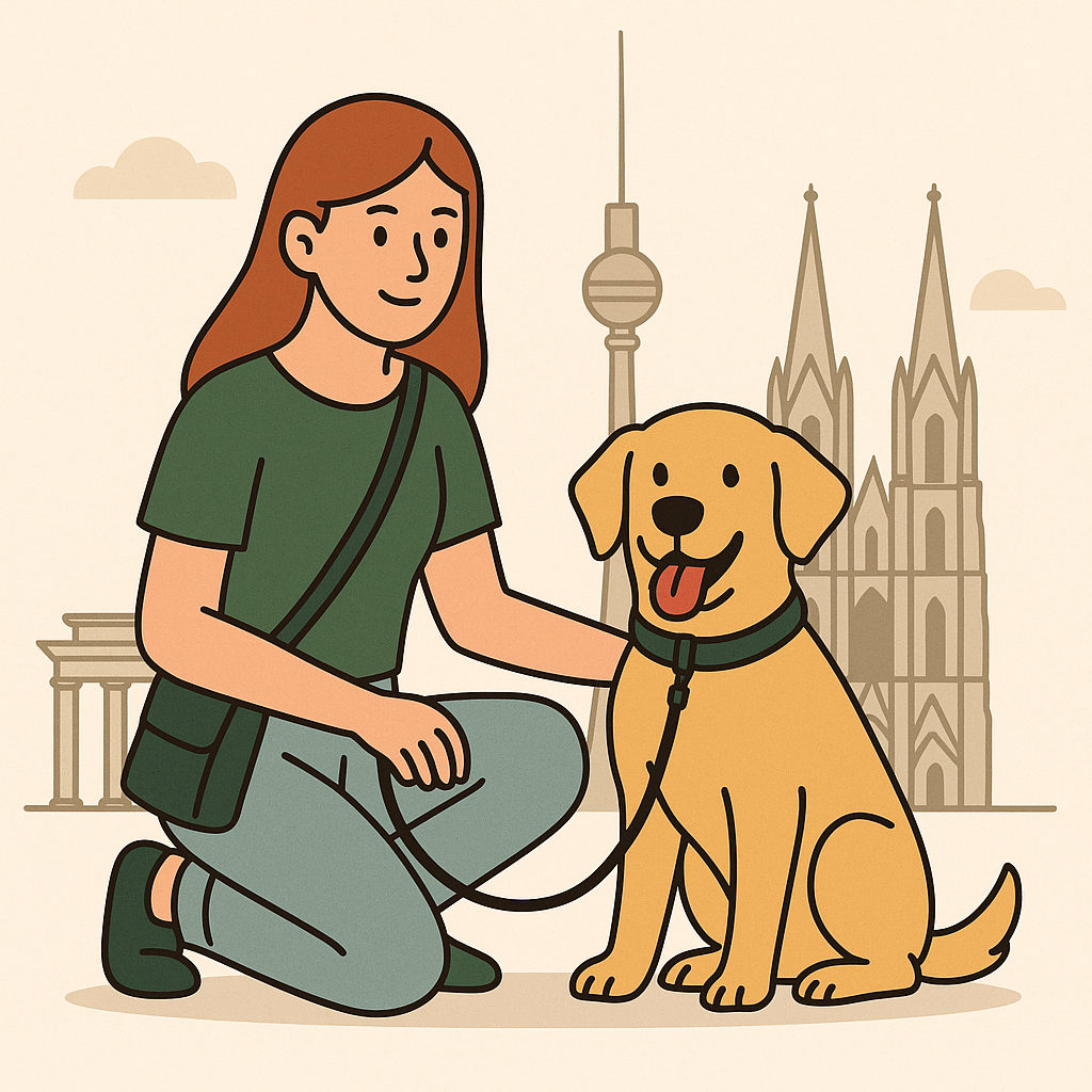 Illustration Hund mit Sitterin vor deutscher Sehenswürdigkeit