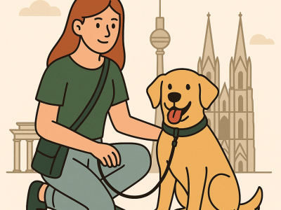 Illustration Hund mit Sitterin vor deutscher Sehenswürdigkeit