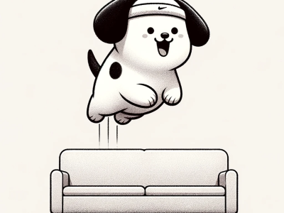 DALL·E-2023-11-04-11.47.48-A-minimalistic-and-humorous-illustration-of-a-small-cartoonish-Dalmatian-dog-with-an-exaggeratedly-big-smile-wearing-a-sweatband-mid-jump-over-a-co